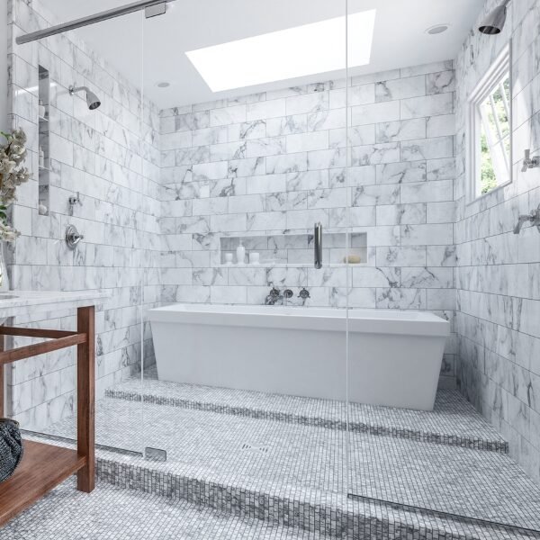 A bathroom remodel in Arlington, VA featuring a glass wet room containing a tun and shower with marble tiles.
